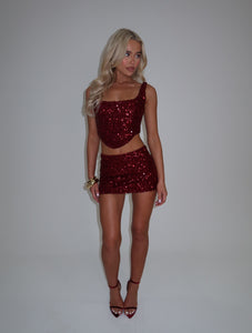 ARIA BURGUNDY SEQUIN CORSET + SKIRT