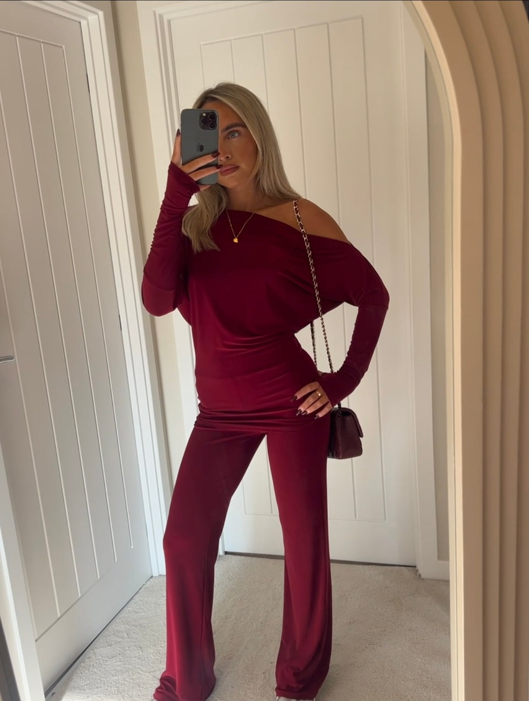 LUNA BURGUNDY ASYMMETRIC TOP + TROUSERS SET